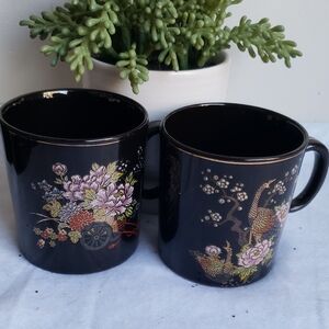 Vintage Kutani Japanese Black Floral Mugs.